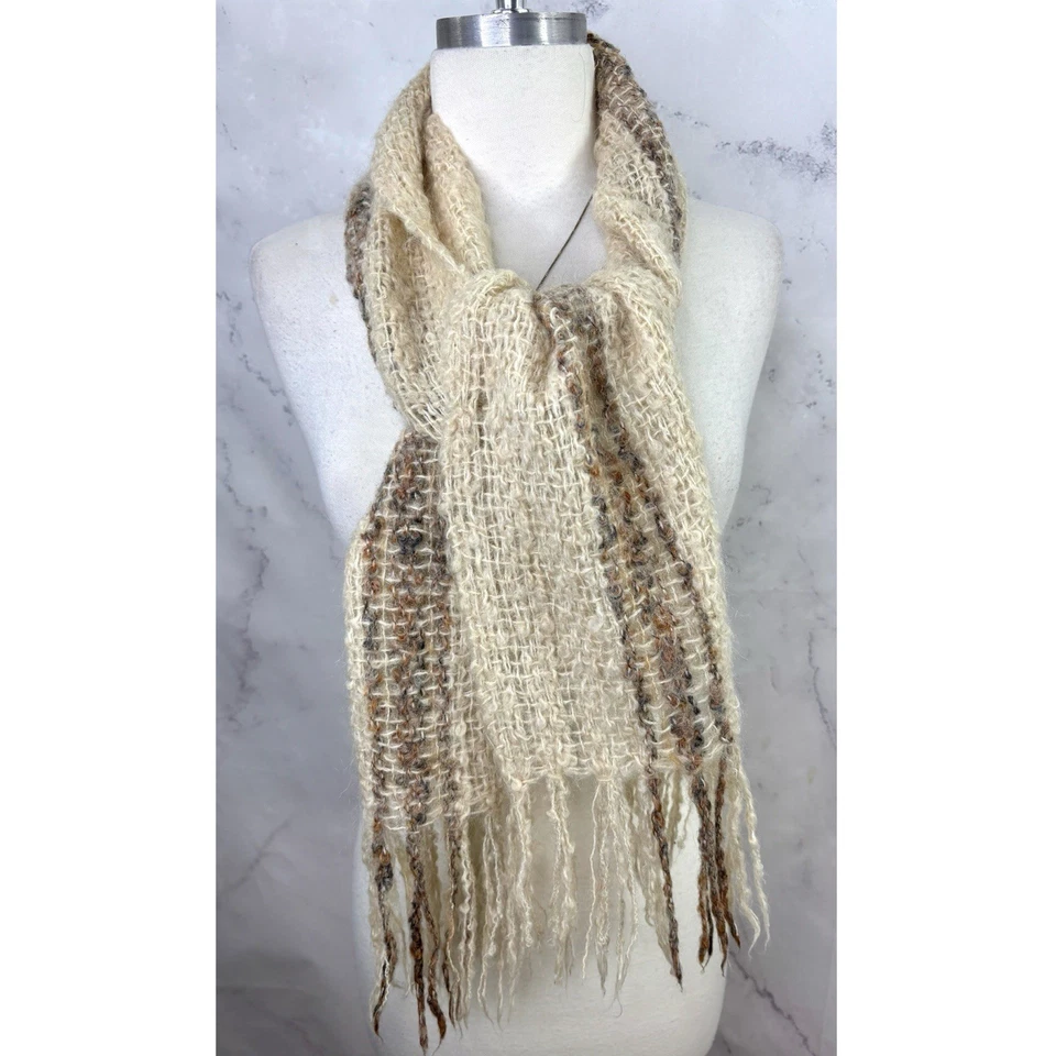 Bufanda de lana tejida MCM vintage flecos crema Cottagecore bosque ninfa envoltura marrón Foto 1 de 4