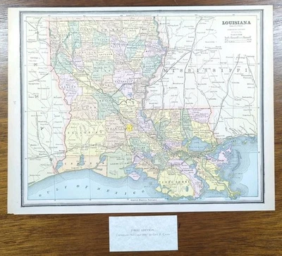 Vintage 1887 LOUISIANA Mapa 13"x11" Antigo Original NOVO ORLEANS METAIRIE LA - Imagem 1 de 4