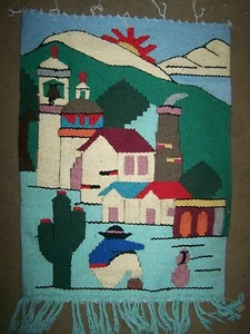 Colgante de pared tejido a mano de algodón grueso, escena de pueblo mexicano - México - Imagen 1 de 1