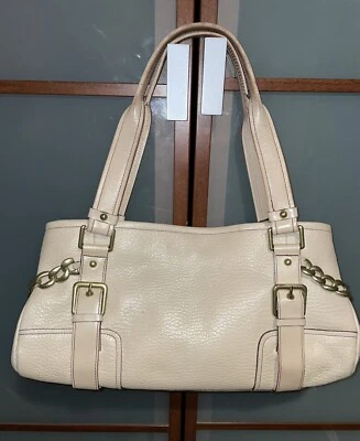 Kenneth Cole Cream Pebbled Leather Chain Embellished Satchel Tote Handbag Hobo - Image 1 of 4