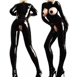 Sexy Damen Body Catsuit Ganzanzug Lack Leder Clubwear Busenfrei Bodysuit Schwarz - Bild 1 von 12