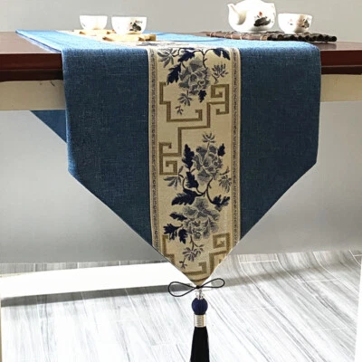 1PC Chinese Jacquard Table Runner Cloth Tassel Fringe Soft Kitchen Dining Adorn - Image 1 of 4