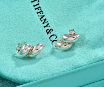 De colección Tiffany & Co Oro 14K Plata Concha de Mar Camarón Trenza Remolino Pendientes Bolsa Foto 1 de 4