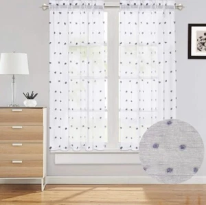 LinTime White Sheer Eyelet Window Curtains Voile Curtains Pom Pom Design 52x63In - Picture 1 of 6