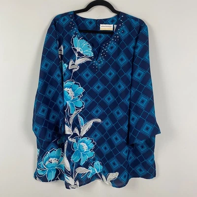 Túnica geométrica floral Alfred Dunner talla 20W escote adornado mangas 3/4 Foto 1 de 4