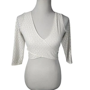 Hollister Gr. Medium Creme Viertelärmel Spitze Wickel Crop Top Bluse - Bild 1 von 8