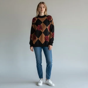 Suéter De Colección DANA SCOTT Para Mujer Talla M Rojo Dorado Arlequín/Floral Jersey DE GRAN TAMAÑO - Imagen 1 de 7