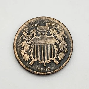 1866 United States Two Cent Copper Coin - Picture 1 of 2