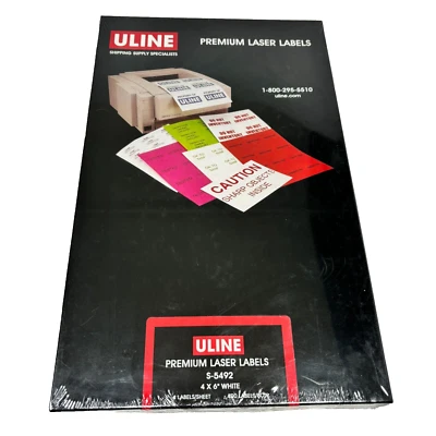 Premium Uline Laser Labels S-5492 4"x6" White 4 Labels/Sheet 400 Labels Sealed - Image 1 of 3