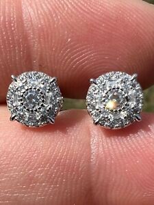 Real Solid 925 Silver Iced CZ Hip Hop Men's Ladies Earrings Round Cluster Studs