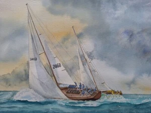 Racing Yacht Watercolour Morning Cloud Yacht Skippered By Ted Heath By Stan Ward - Picture 1 of 7