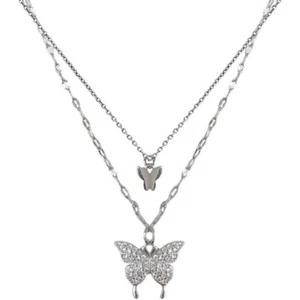 Shiny 925 Sterling Silver CZ Gem Butterfly Double Chain Necklace Women Girl Gift - Picture 1 of 8