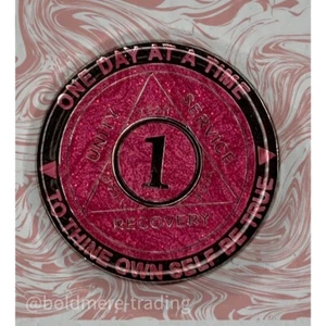 1 Year Alcoholics Anonymous Medallion Pink Silver Plated AA Sobriety Chip Coin - Picture 1 of 6