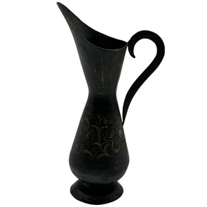 Metal Urn Pitcher 10" Black with Floral Design - Picture 1 of 6