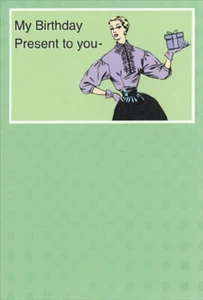 Retro Woman Holding Purple Present Feminine Funny Birthday Card for Her - Picture 1 of 2