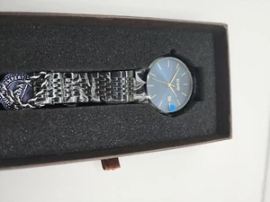 DOM MEN'S FASHION WATCH black w/ blue face, black stainless band, analog w/ date - Picture 1 of 3