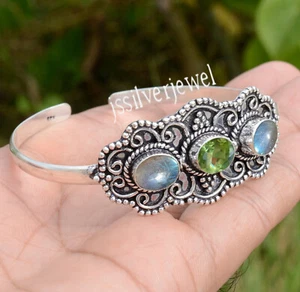 Peridot Cut & Labradorite Gemstone 925 Sterling Silver Cuff Bangle Women Jewelry - Picture 1 of 5
