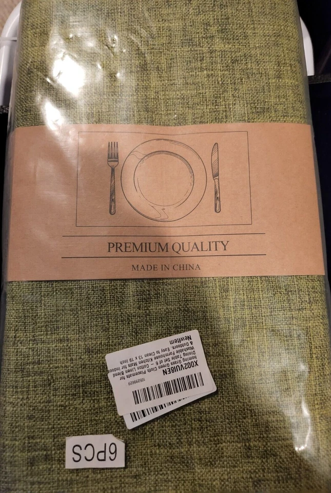 6 Piece Placemat Set - Grass Green w/Black 13 x 19 - Washable Cotton - Image 1 of 4