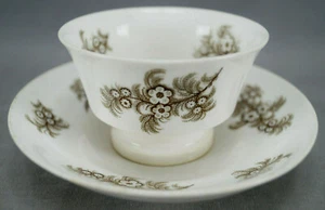 British Feathered Flowers Brown Transferware Porcelain Tea Bowl & Saucer C.1830s - Picture 1 of 11