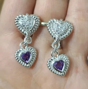 Pair of Judith Ripka Sterling Silver Heart-Cut Amethyst Dangle Heart Earrings - Picture 1 of 3