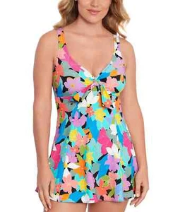 $112 Swim Solutions Bow Front Tummy Control One Piece Swimdress, Multi, 8 - Picture 1 of 3