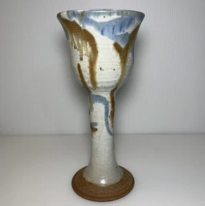 Studio Art Pottery Multicolor Drip Salt Glaze Footed Chalice Goblet 8.5" - Picture 1 of 6