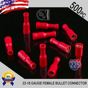 500 Pack 22-18 Gauge Red Female Bullet Connectors Fully Insulated Vinyl .156" UL - Picture 1 of 1