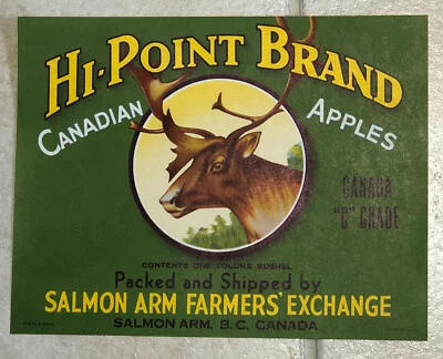 Placa de etiqueta de caixa de frutas vintage original veado escasso Hi Point maçãs braço de salmão C - Imagem 1 de 3