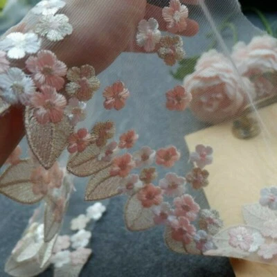 1M Floral Embroidered Lace Trim Organza Tulle Fabric Sewing Dress Curtain Modern - Image 1 of 4