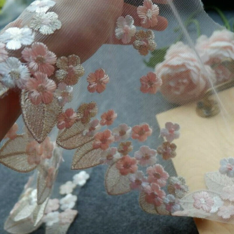 1M Floral Embroidered Lace Trim Organza Tulle Fabric Sewing Dress Curtain Modern - Image 1 of 4