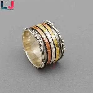 Anxiety Fidget Spinner Band Ring 925 Sterling Silver Rustic Mens Statement Ring - Picture 1 of 2