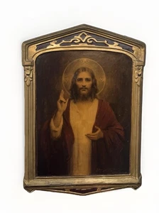 Antique Sacred Heart Of Jesus By Chambers Print Ornate Wood Plaque Gold Gesso - Picture 1 of 10