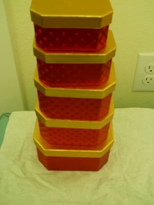 5 Pack Nesting Gift Boxes, Red Decorative Boxes With Gold Lids - Picture 1 of 3
