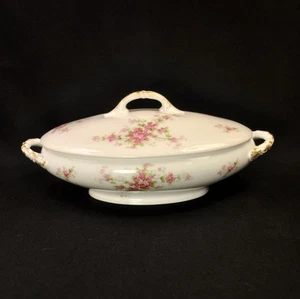 Limoges Charles Martin 12" X 7"Oval Covered Vegetable Bowl Floral Gold 1891-1935 - Picture 1 of 12
