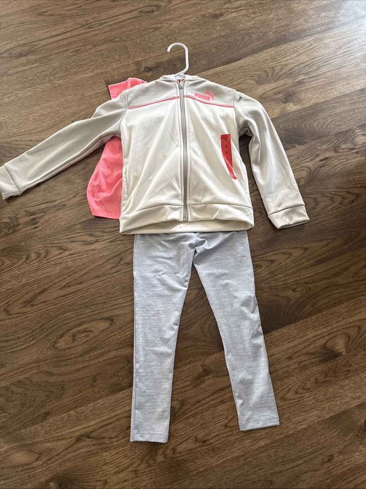 PUMA Girls 2Piece Tracksuit Set 4T Gray Zip Up Jacket & Pink Jogger Pants Outfit