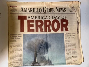 GIORNALE VINTAGE AMARILLO GLOBE GIORNO DEL TERRORE AMERICANO 9/12/2021 GIORNALE COMPLETO - Foto 1 di 12
