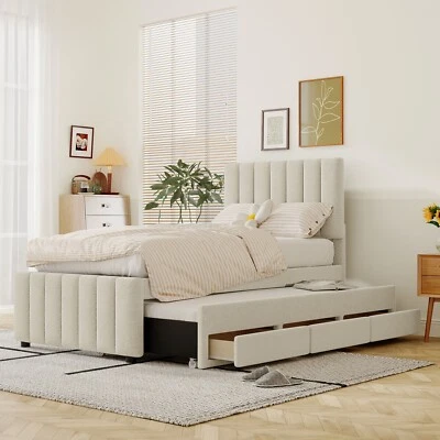 Twin Size Bed Frame Upholstered Platform Bed with Pull Out Trundle & 3 Drawers - Image 1 of 4