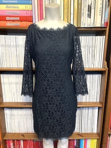 DVF Diane von Furstenberg Damas Reino Unido 10 Vestido Azul Marino Zarita Cóctel Festoneado Encaje - Imagen 1 de 20
