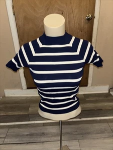 Lauren Ralph Lauren gestreiftes Strickoberteil marineblau & cremefarben Stehkragen Kurzarm XXS neu mit Etikett - Bild 1 von 17