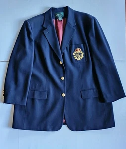 Vintage Lauren Ralph Lauren Wool Blazer Crown 3D Crest Jacket Dark Blue Size 18W - Picture 1 of 10