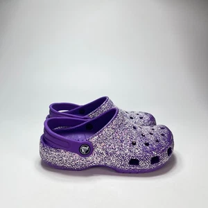 Crocs Classic Glitter Clogs Purple Sparkly Slip On Sandals Shoes Kids Size J2 - Picture 1 of 10
