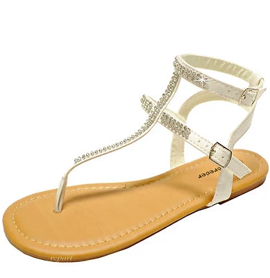 Nuevo Mujer Zapatos Punta Abierta T Correa Sandalias Estrás Informal Fiesta Verano Blanco Foto 1 de 4