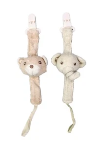 Cottonbebe Baby Elephant And Bear Beige Pacifier Clips Holders, 2 Pack - Picture 1 of 7