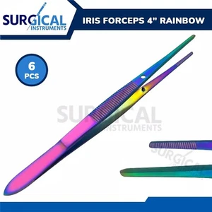6 Iris Forceps 4" - Fine Point Multi Rainbow Color Stainless Steel German Grade - Picture 1 of 8