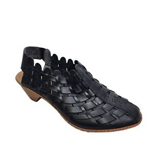 Rieker 46778 Woven Leather Sling Back Heels Shoes Women's Size 38 | 7 Black