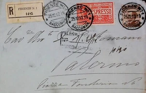 Busta vintage Espresso Regno d'Italia 1912 Firenze - Palermo Regina Hotel 20411 - Imagen 1 de 2