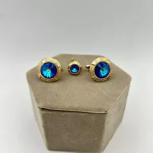 Vintage Anson Cufflinks Tie Tack Gold Tone Aqua Blue Rivoli Stone Men Retro - Picture 1 of 5