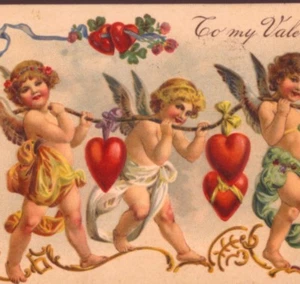 VALENTINE'S DAY CUPIDS CARRY HEARTS,HIGH QUALITY PFB,EMBOSSED POSTCARD - Picture 1 of 3