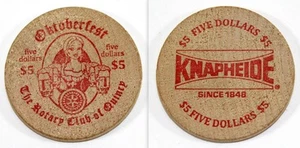 Vintage Rotary Club of Quincy IL & Knapheide Oktoberfest $5 Drink Wooden Token - Picture 1 of 4