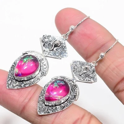 Pendientes colgantes de plata 925 rosa natural triplete ópalo de fuego regalo de Halloween hermana Foto 1 de 4